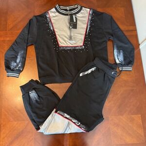 OLYSS Women's Black‎ Silver 2-Piece Tracksuit Rhinestone Top Jogger Pants Set M